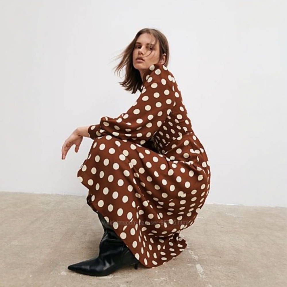 Zara Burgundy Rust Brown & White Polka Dot Smocked Blouson Sleeve Maxi Dress
